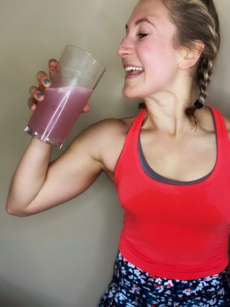 woman exercising and sharing pre and post workout food and drinks