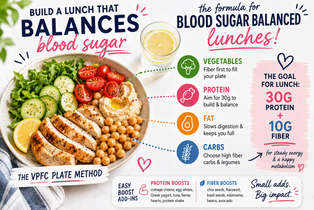 Infographic of a balanced lunch plate (vegetables, protein, fat, carbs) with text about 30g protein and 10g fiber goals.