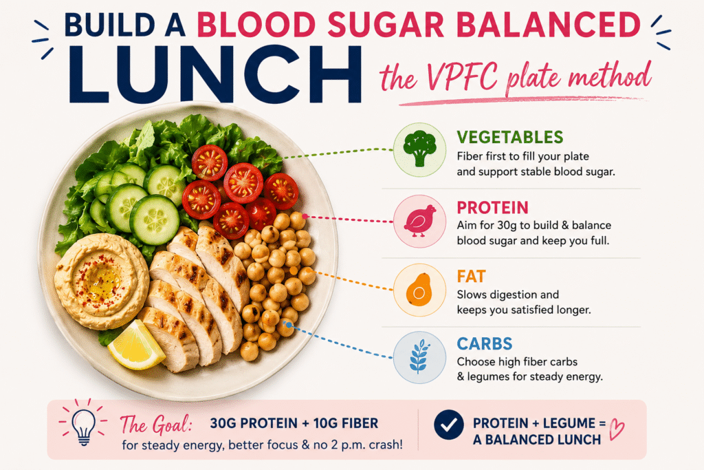 Infographic showing a VPFC plate method: vegetables, protein, fat and carbs with labeled icons and arrows.